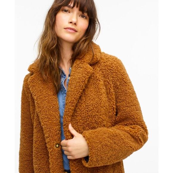 NWT J. Crew Teddy Faux Fur Coat Sherpa Women’s Large Camel Brown Jacket Outdoors - Picture 1 of 7